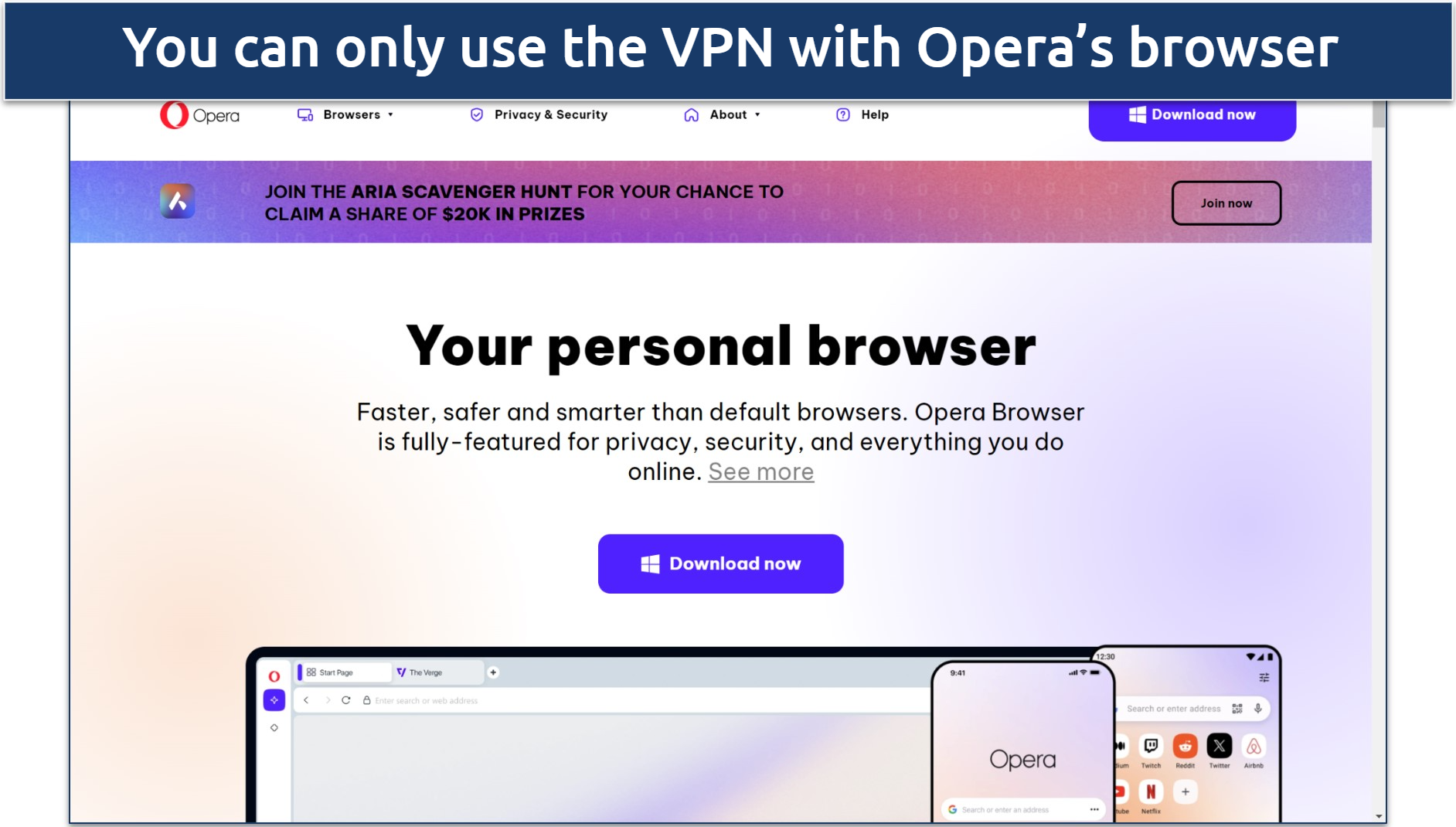 Screenshot of Opera browser's download page for Windows