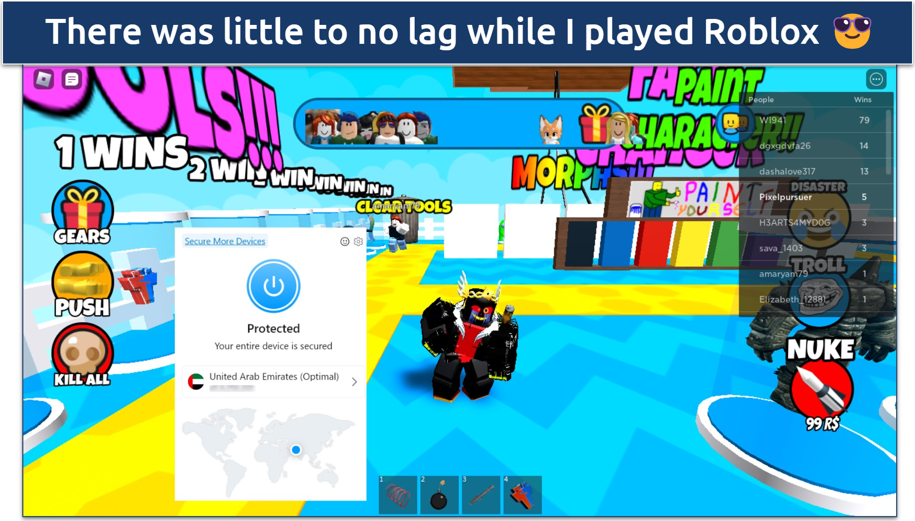 Screenshot of Roblox being played while connected to Opera VPN's Pro's UAE server 