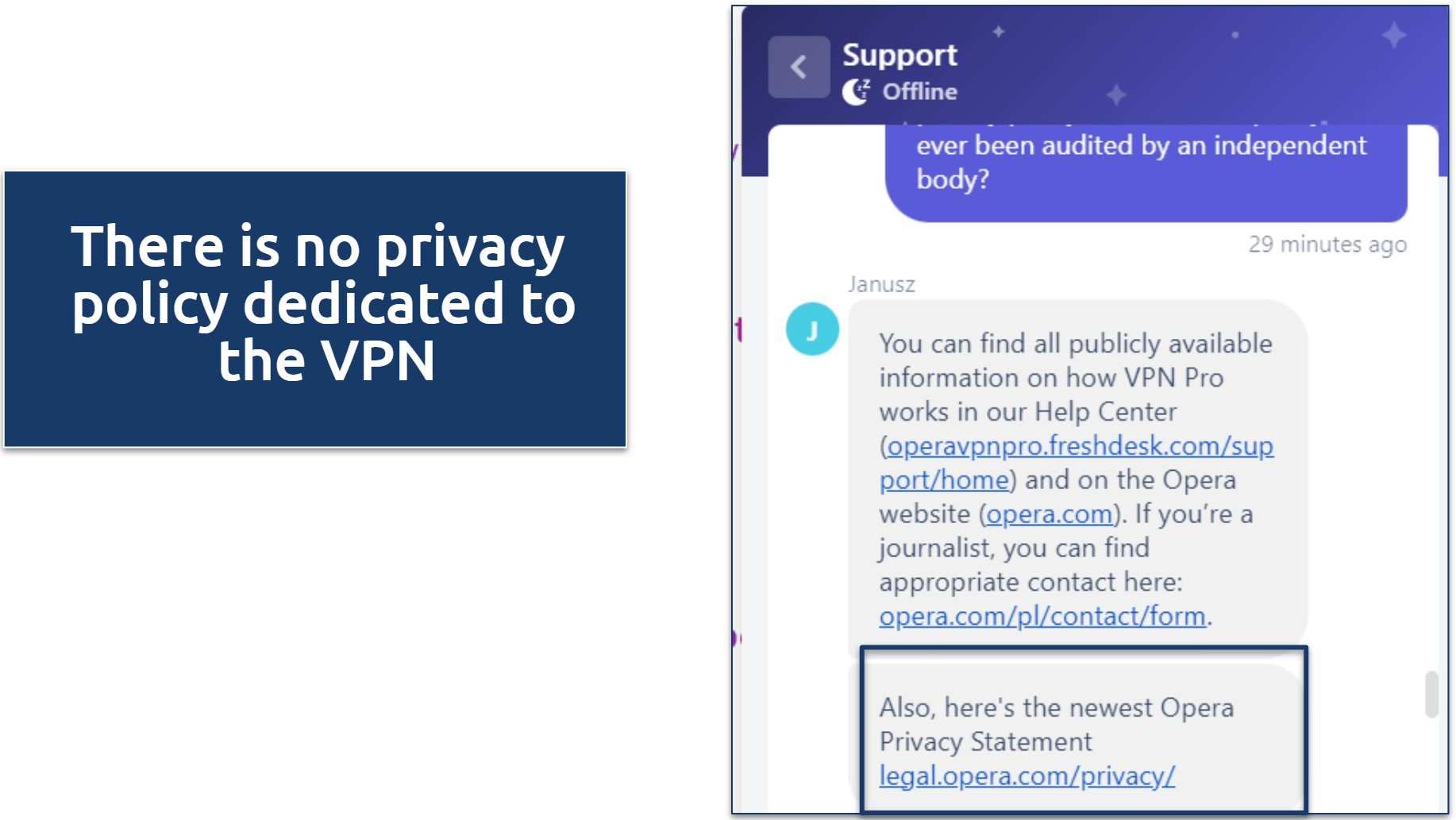 Screenshot of a chat response from Opera VPN Pro support