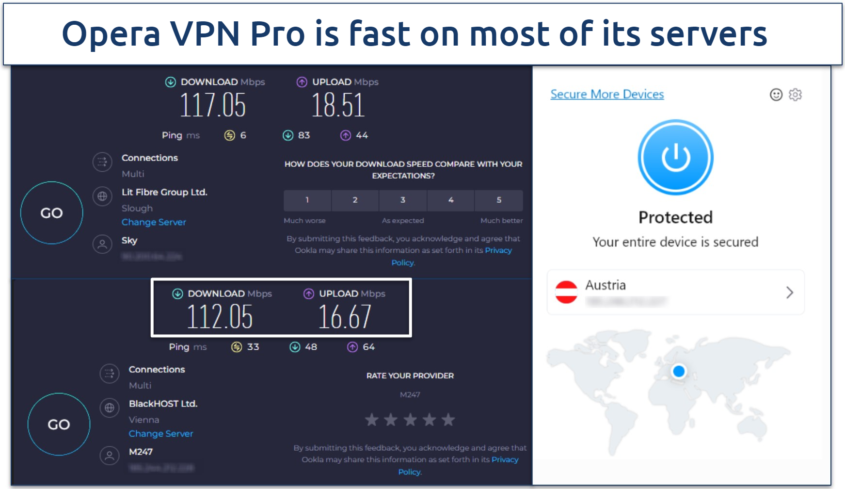 Screenshot of a speed test showing rates not connected to the VPN vs connected to a server nearby in Austria