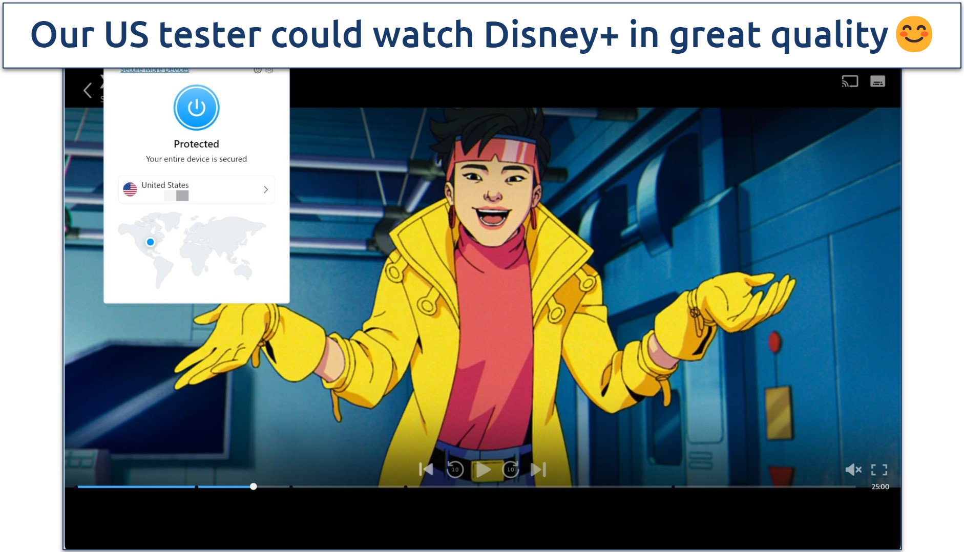 Screenshot of Disney+ player streaming X-Men 97 while connected to Opera VPN Pro 
