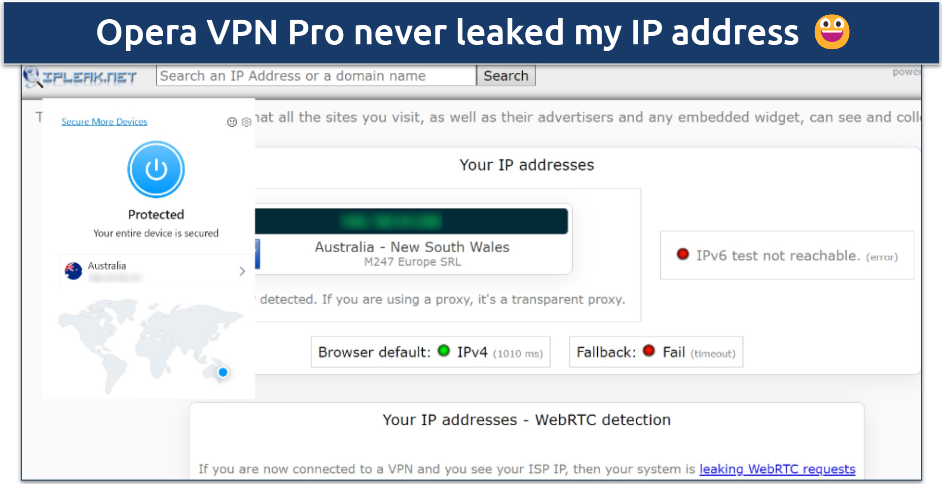 Screenshot of tests done on ipleak.net while connected to an Australia Opera VPN Pro server