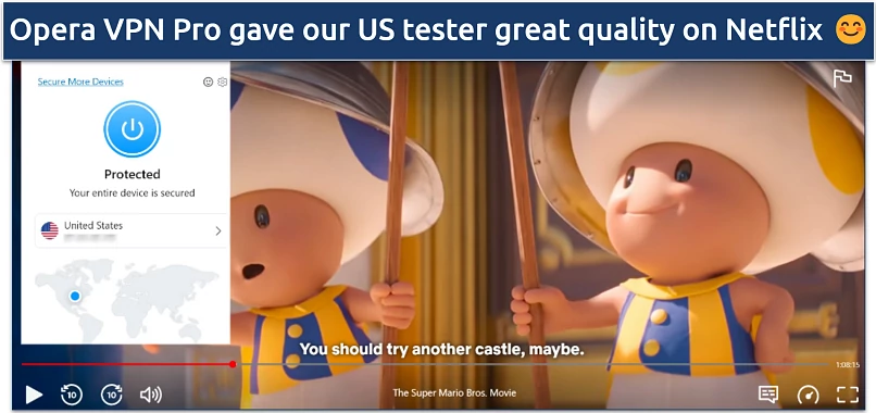 Screenshot of Netflix player streaming The Super Mario Bros Movie while connected to a US Opera VPN Pro server