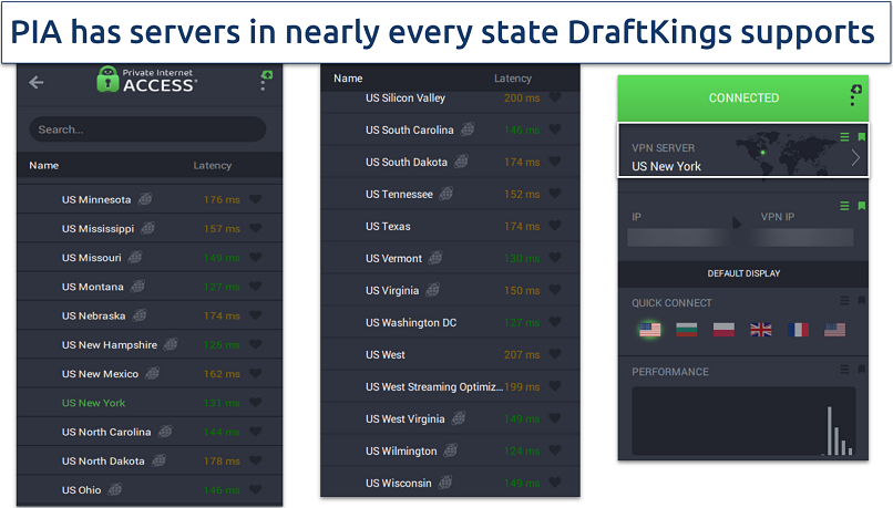Screenshots showing the PIA UI for servers in the US