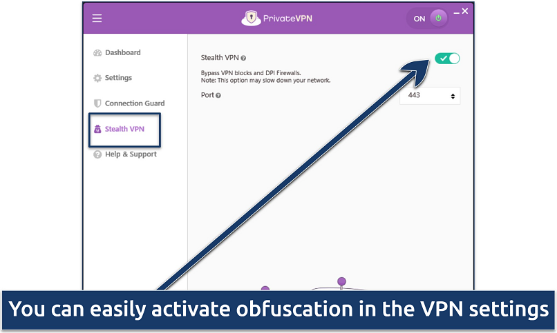 Screenshot of PrivateVPN’s Windows interface showing how to activate Stealth VPN