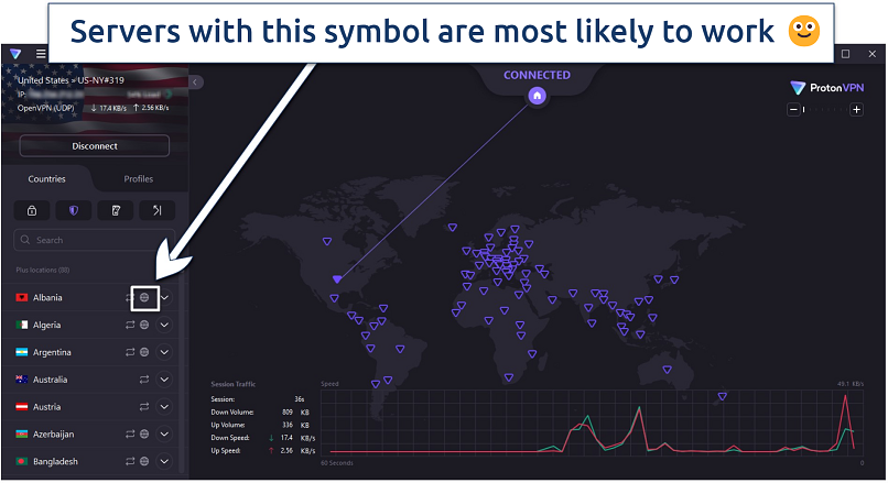 Screenshot showing Proton VPN’s Smart Routing servers on Windows