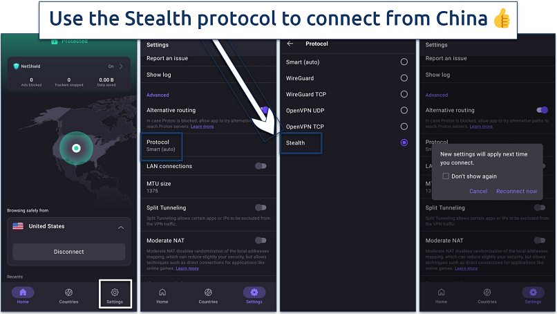 Screenshots showing how to activate Proton VPN’s Stealth protocol on Android