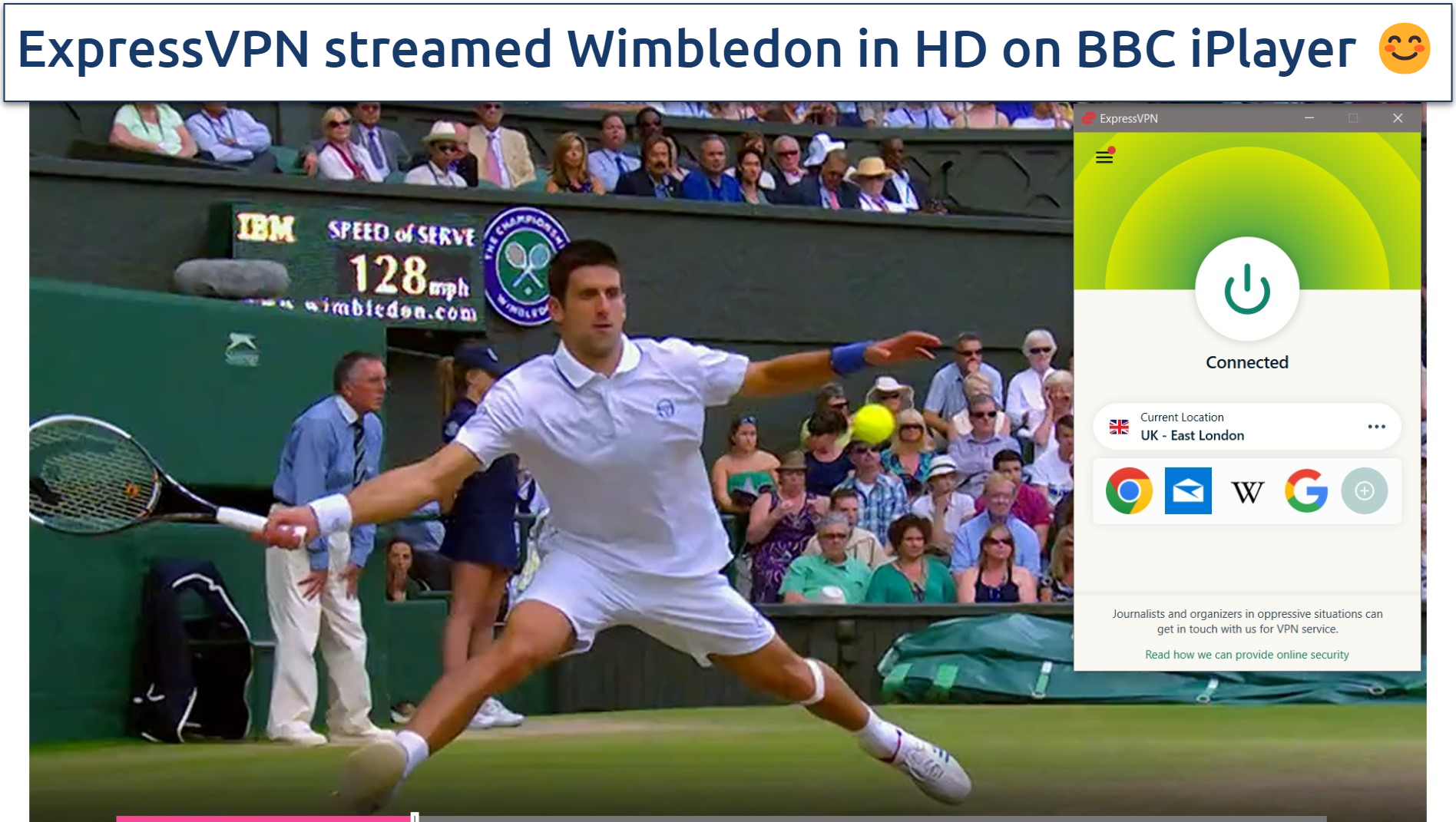 Screenshot of Wimbledon on BBC iPlayer, with ExpressVPN connected to a UK server
