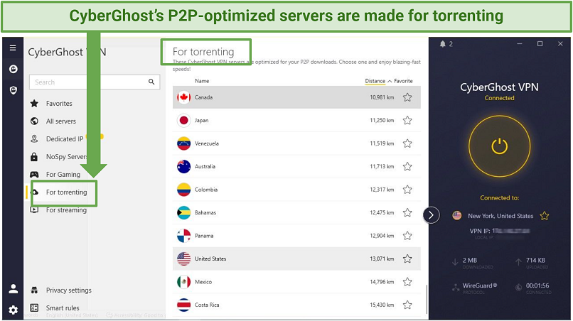 A screenshot of torrenting servers on the CyberGhost app