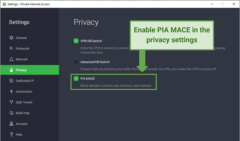 A screenshot of PIA MACE settings on the Windows app