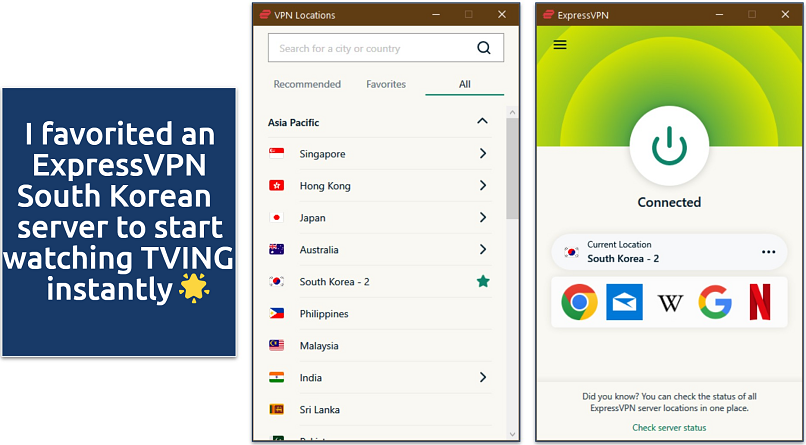Screenshot of ExpressVPN’s Windows app connected to South Korea server