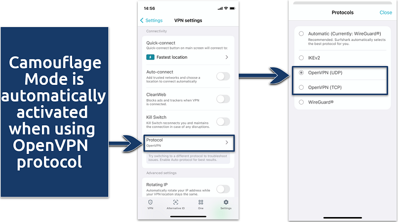 Screenshots of Surfshark VPN settings