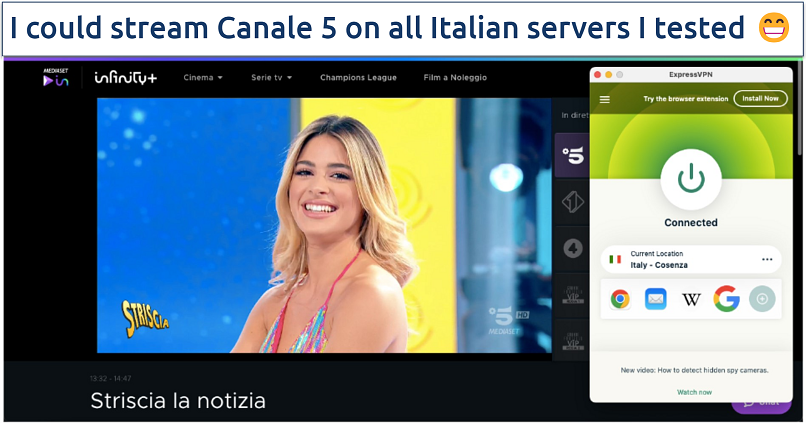 Screenshot of Striscia la notizia streaming live using ExpressVPN’s server in Cosenza