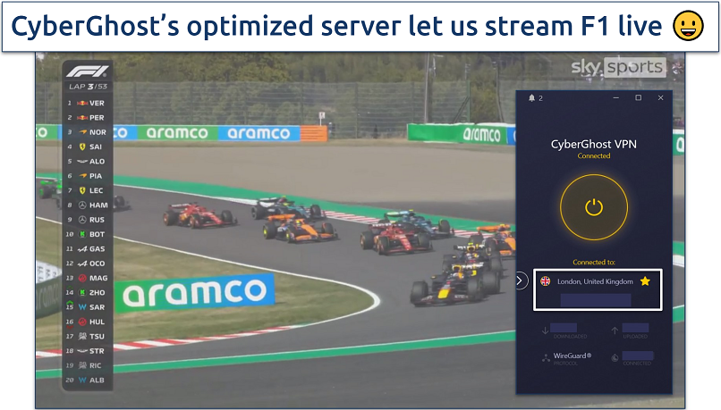 Screenshot of CyberGhost streaming Sky Sports F1 on Sky Sports app