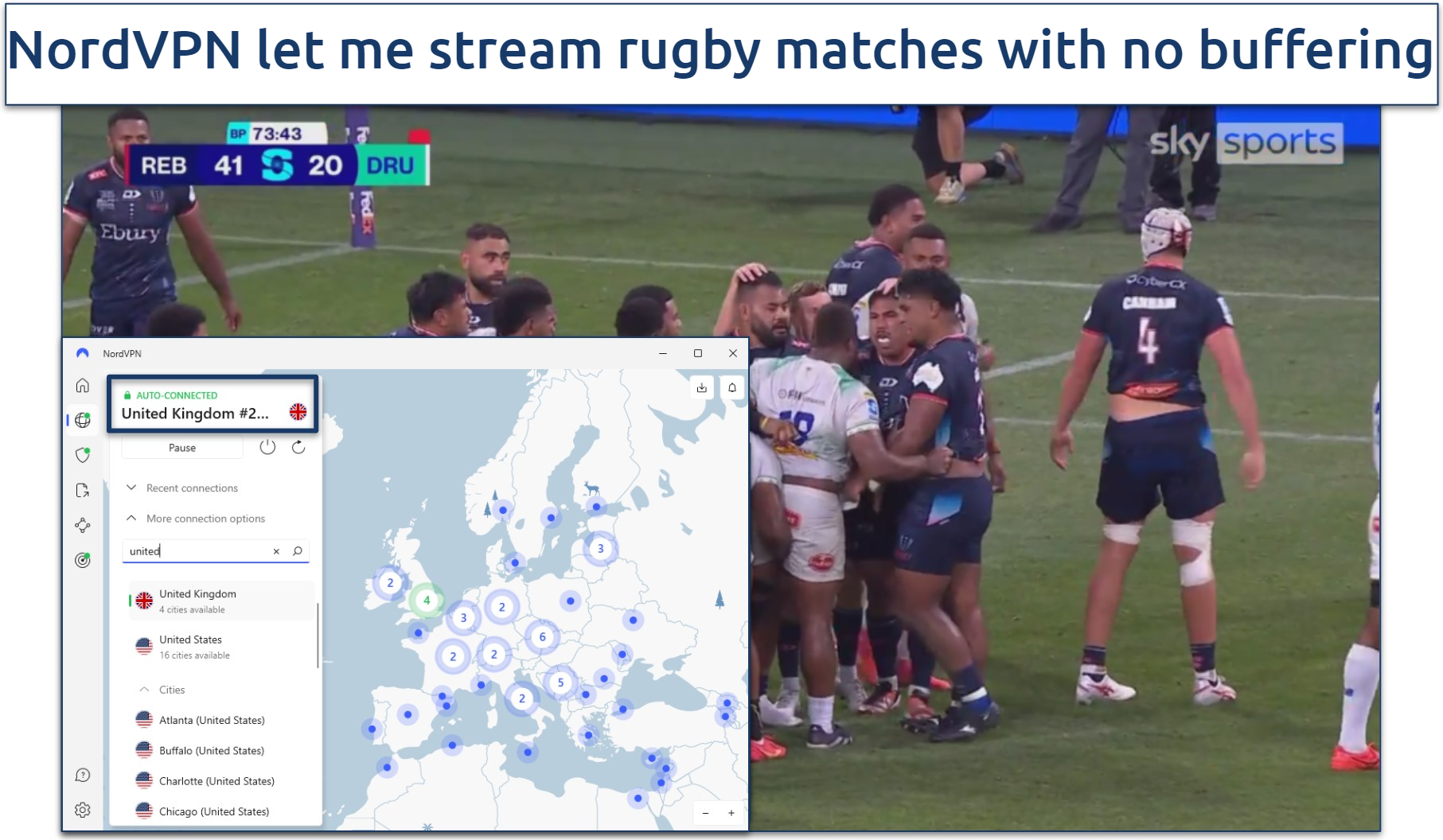 Screenshot of rugby game on Sky Sports with NordVPN UK server