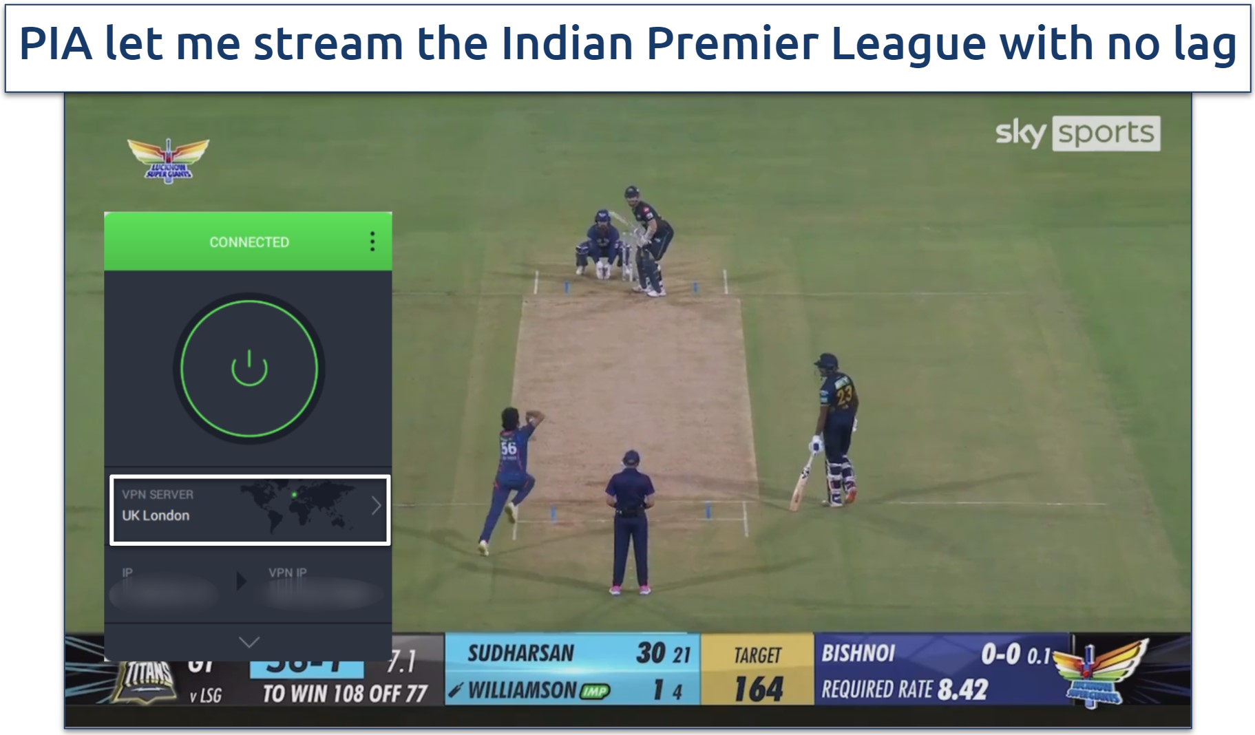 Screenshot of PIA streaming the Indian Premier league cricket match