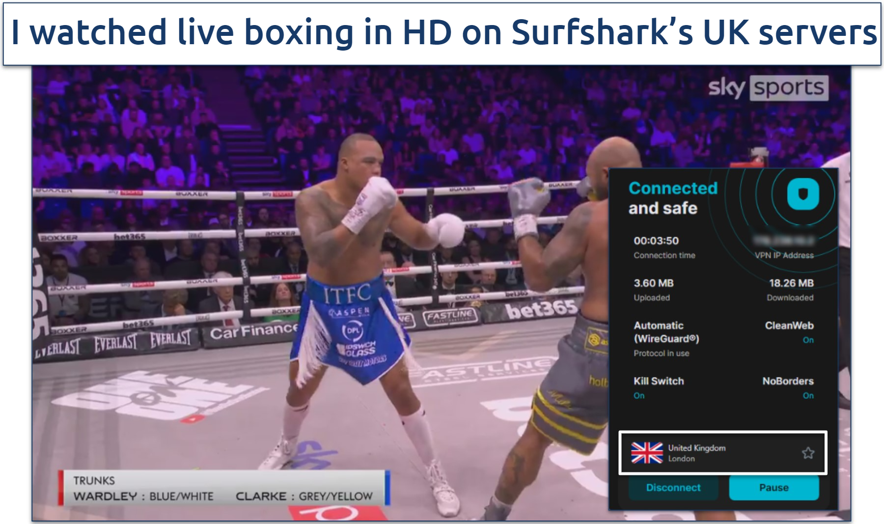 Screenshot of streaming boxing match on Sky Sports app with Surfshark UK server