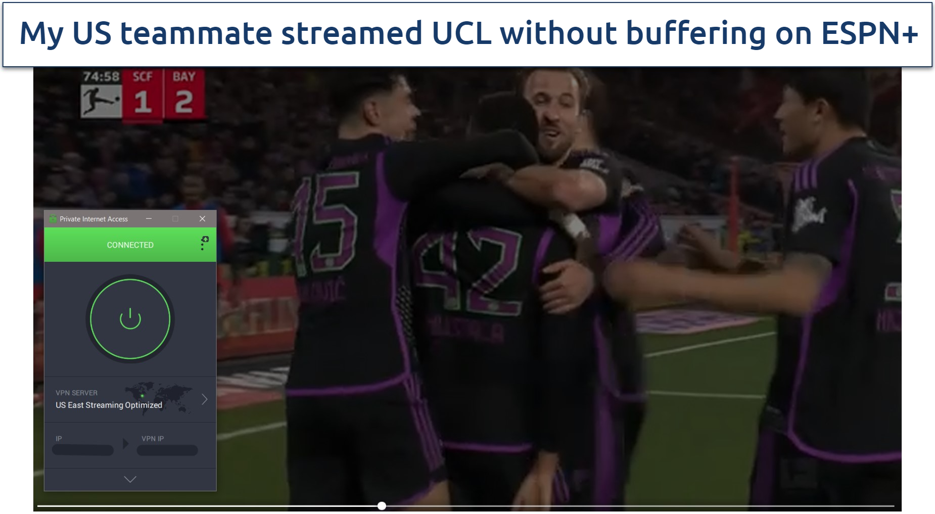 Screenshot of UCL on ESPN, with VPN connected to an US streaming server
