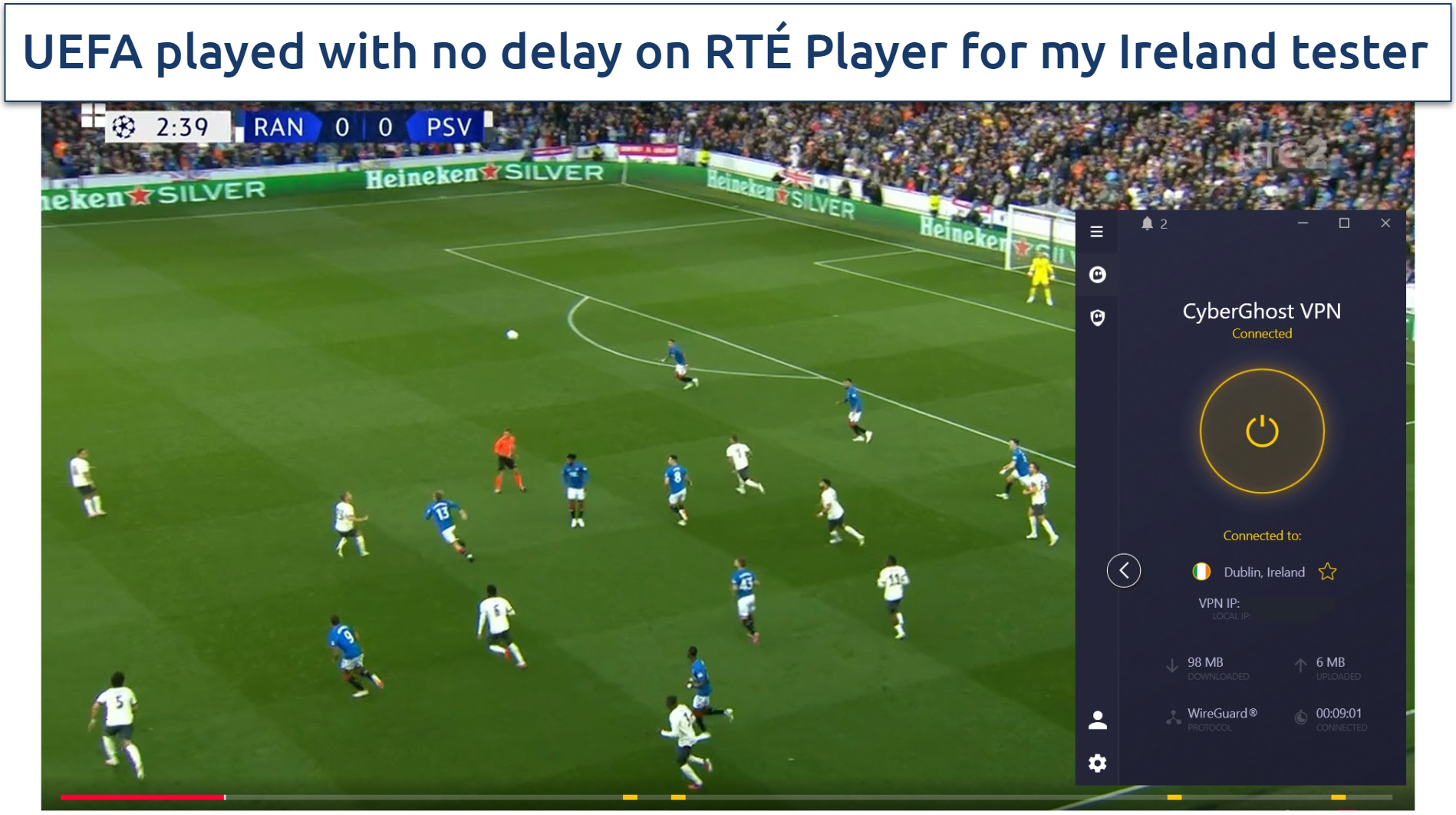 Screenshot of UEFA Champions League on RTÉ Player, with VPN connected to an Ireland server