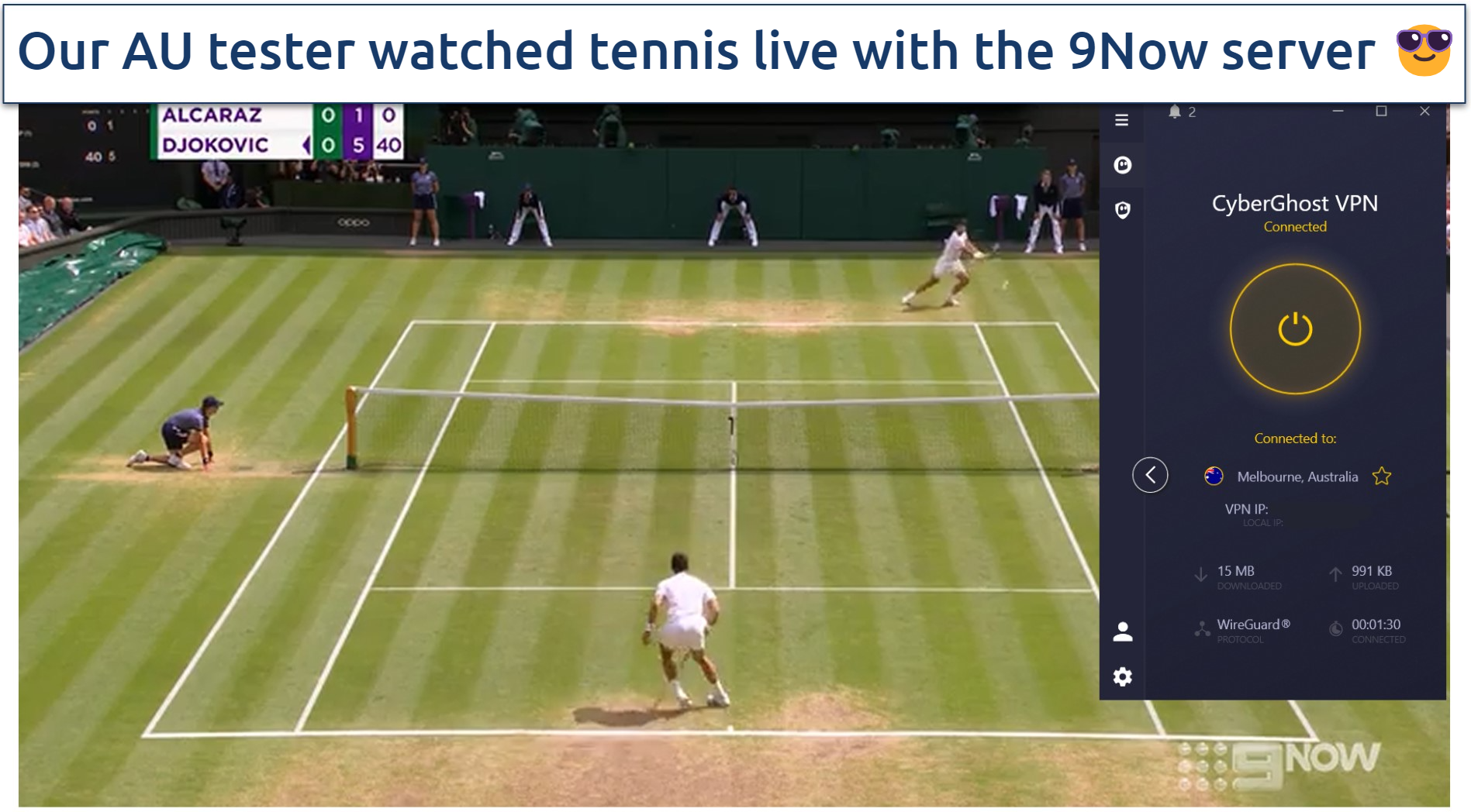 Screenshot of Wimbledon match on 9Now, with CyberGhost connected to an Australian server