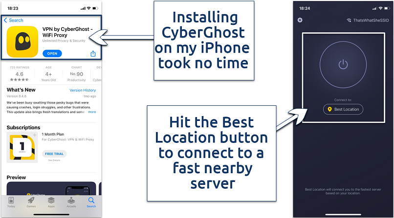 Screenshot of CyberGhost’s iPhone app