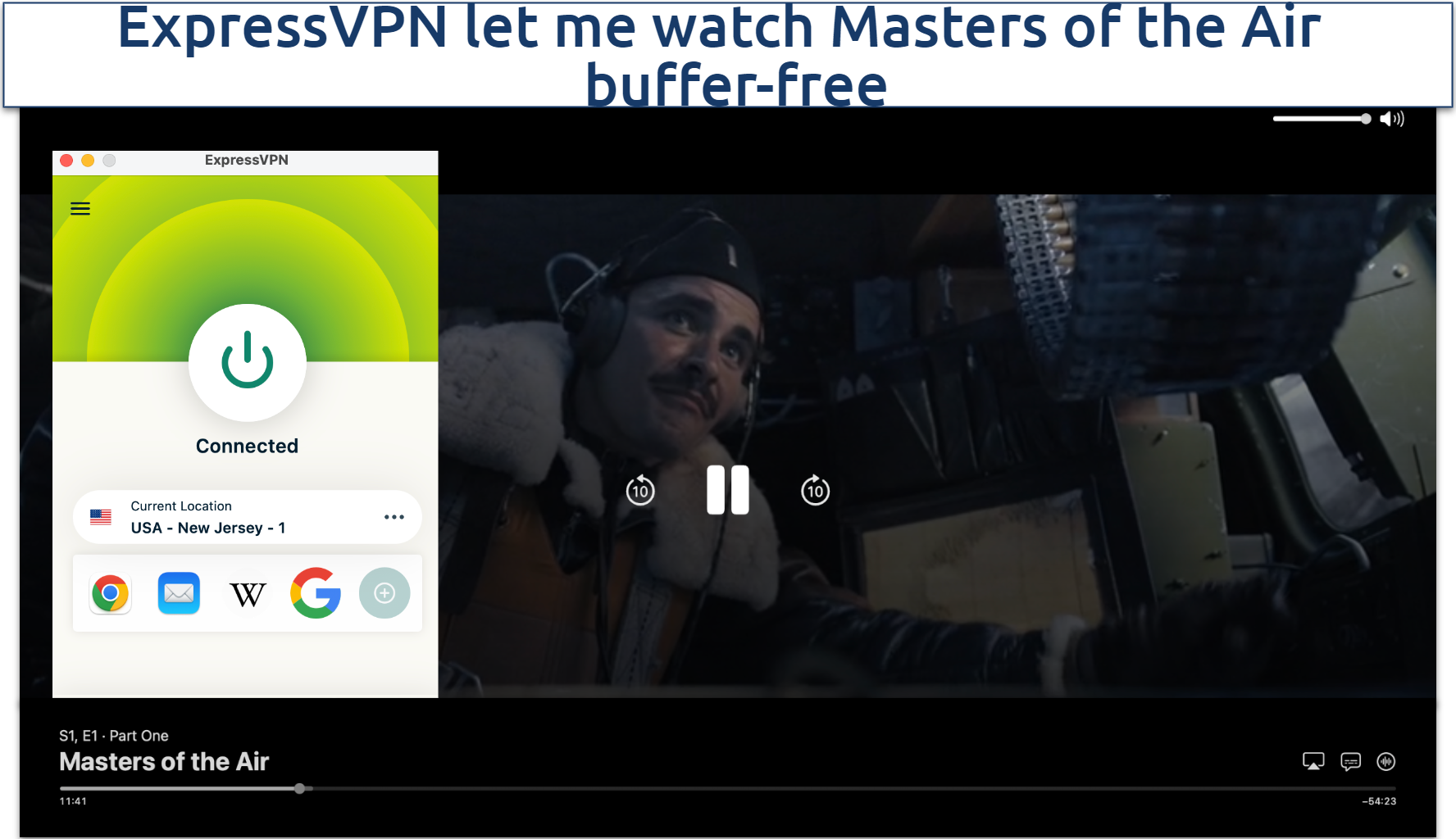 Screenshot of Masters of the Air streaming on Apple TV+ with ExpressVPN connected