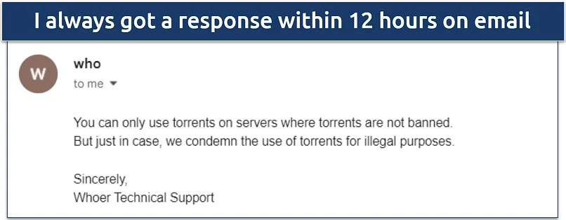 Screenshot of an email response where I asked if Whoer support P2P sharing