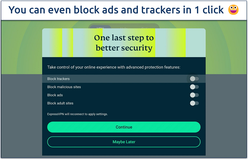 Screenshot showing ExpressVPN’s advanced protection features on its Firestick app