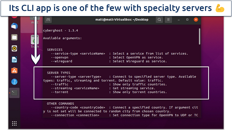 A screenshot showing that CyberGhost’s CLI app comes with specialist servers for torrenting and streaming
