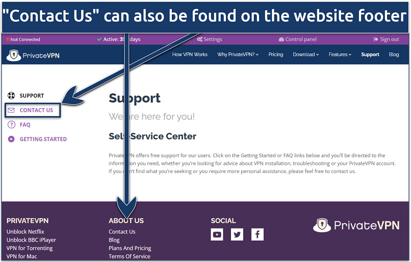 Screenshot of the PrivateVPN Support page showing how to contact customer support