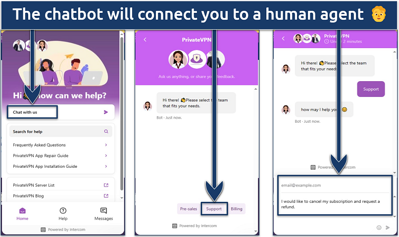 Screenshot of the PrivateVPN live chat window