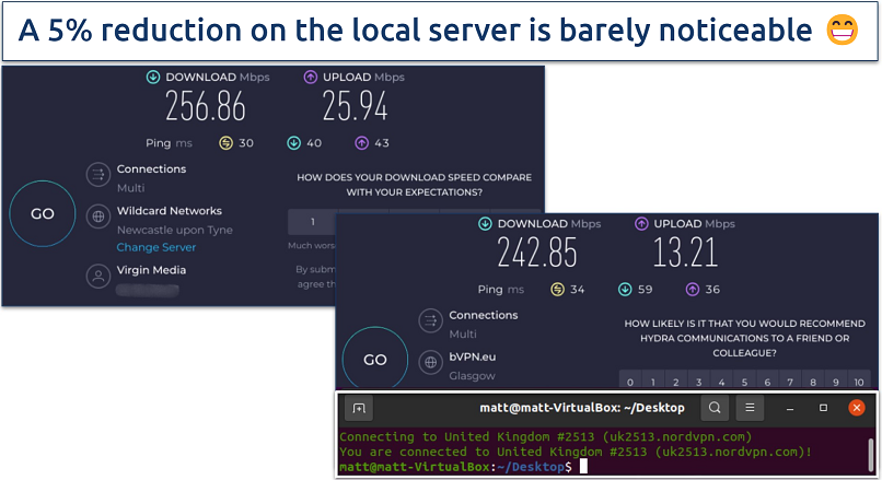 A screenshot of Ookla speed tests done while connected to NordVPN UK server and with no VPN connected