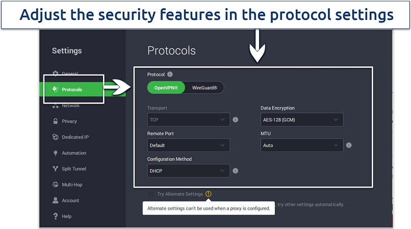 A screenshot showing PIA has customizable security features