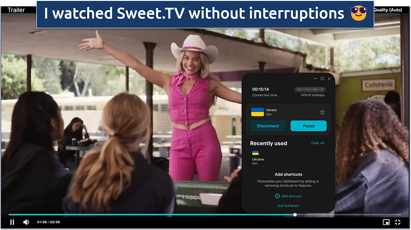 A screenshot of Sweert TV streaming Barbie trailer while connected to Surfshark’s Ukraine server