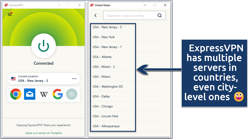 Screenshot showing some of ExpressVPN’s server locations in the US