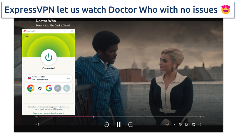 Screenshot of ExpressVPN’s East London server working with BBC iPlayer