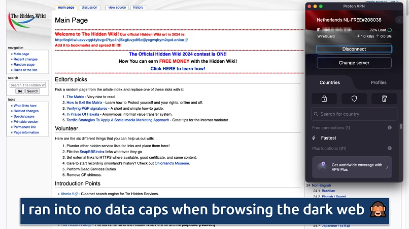 Screenshot showing the Proton VPN app over The Hidden Wiki