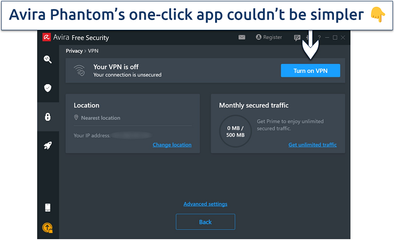 Screenshot showing Avira Phantom VPN’s basic user interface