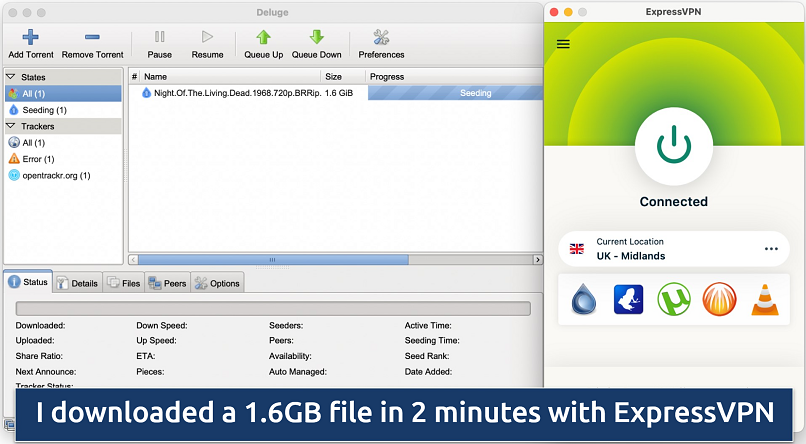 ExpressVPN’s app connected to a UK server over the Deluge torrent client seeding a public domain torrent