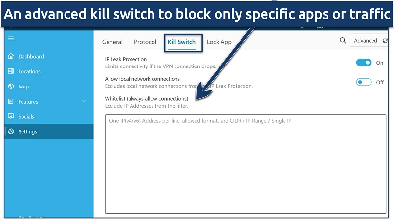 screenshot of hide.me's app showing how to customize the kill switch