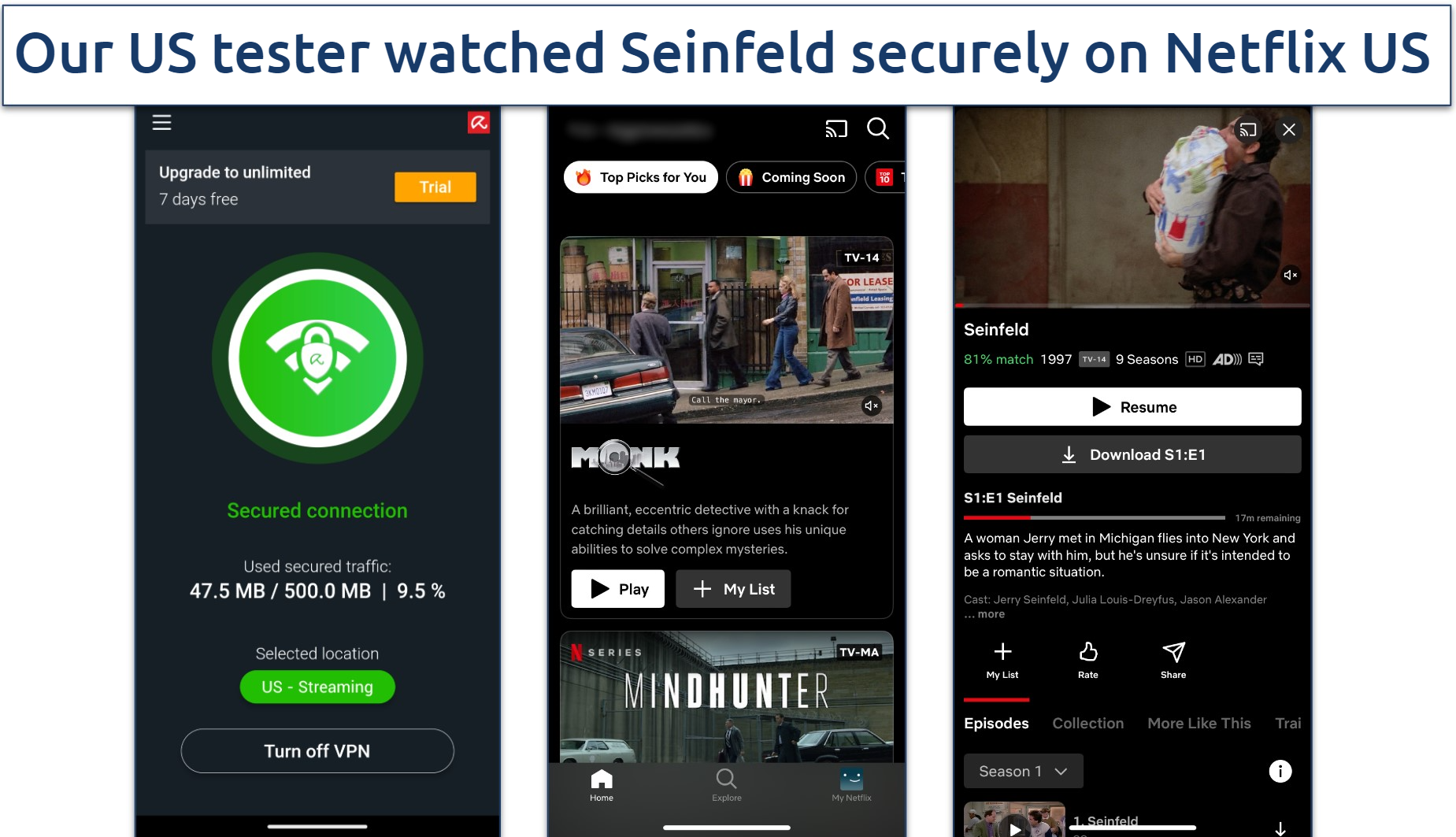 Screenshot of Seinfeld streaming on Netflix US with Avira Phantom VPN connected