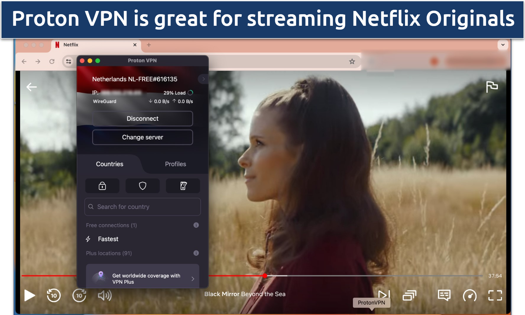 Screenshot of Black Mirror streaming on Netflix Netherlands with Proton VPN connected