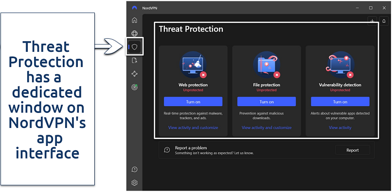 Image showing the Threat Protection menu on the NordVPN App interface.