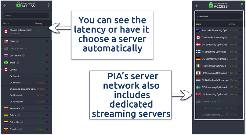 Image showing the streaming optimized servers on Private Internet Access App interface.