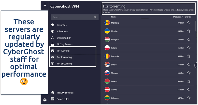 Screenshot of CyberGhost’s torrenting servers