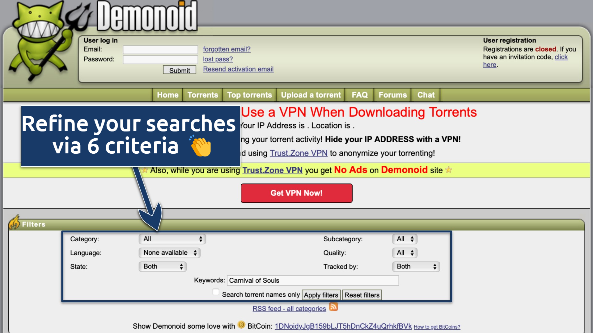 Screenshot of the Demonoid homepage with its various search criteria