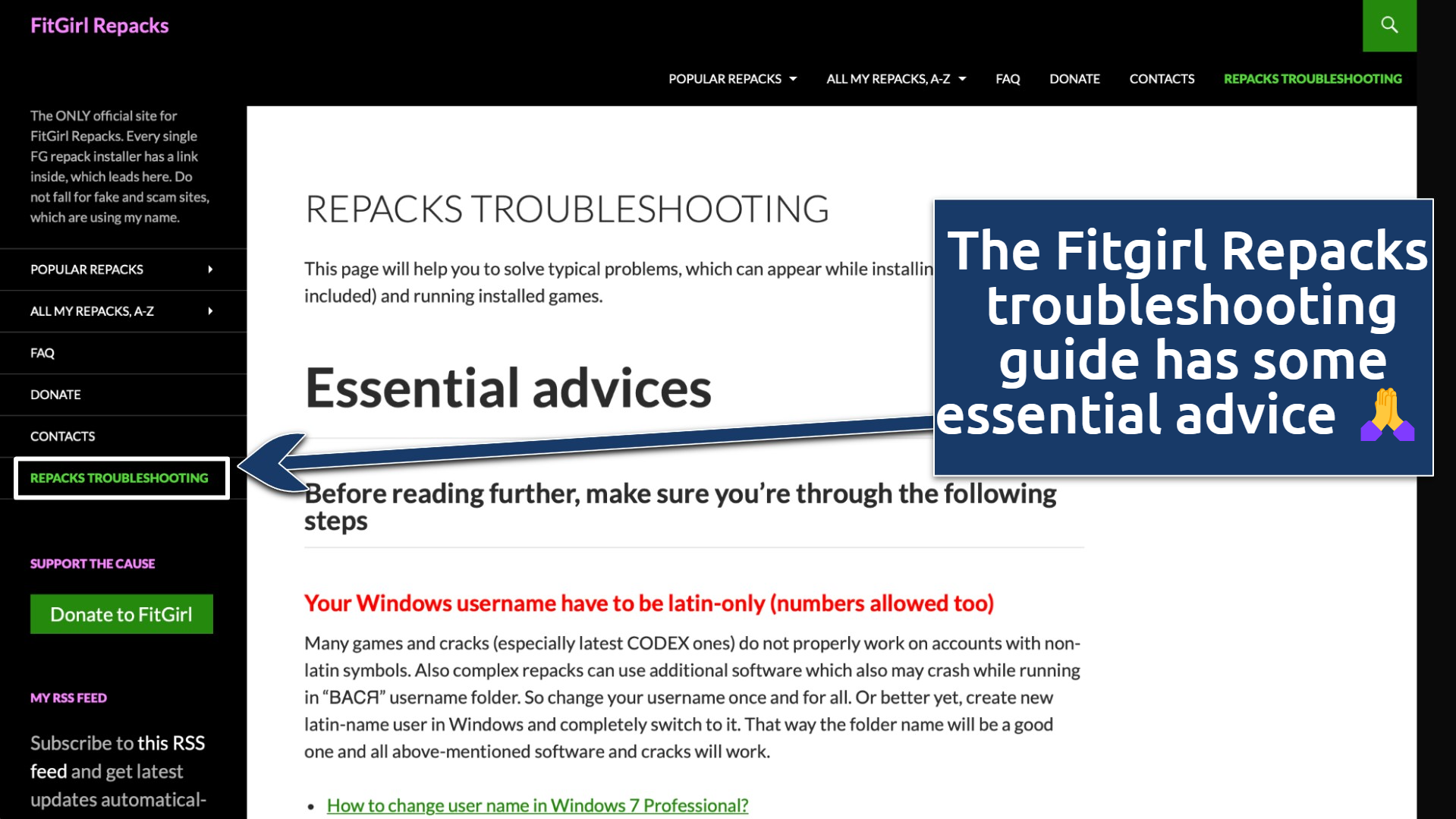 Screenshot of the Troubleshooting section on the Fitgirl Repacks website