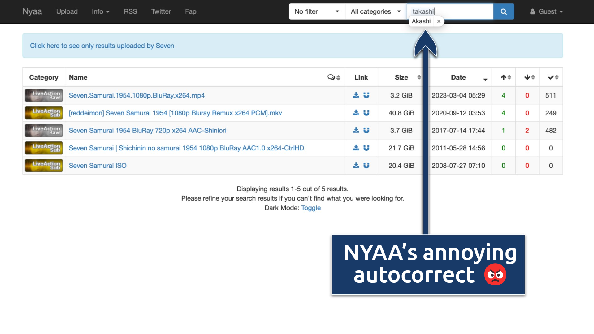 Screenshot of the NYAA search results page