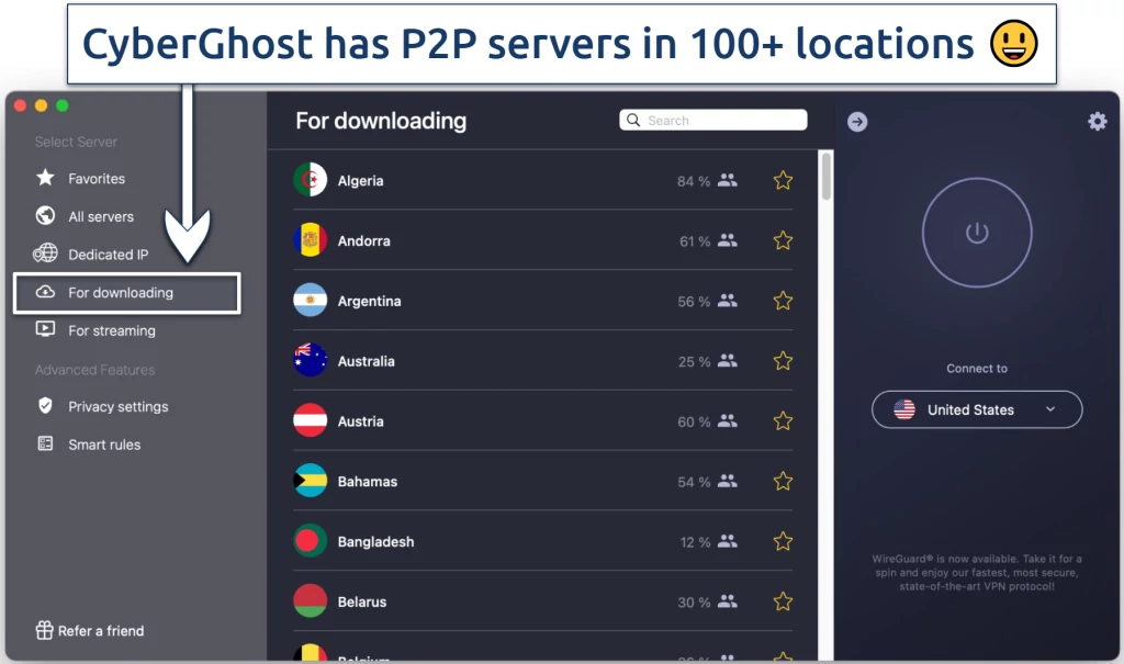 Screenshot showing CyberGhost's specialty P2P For downloading servers