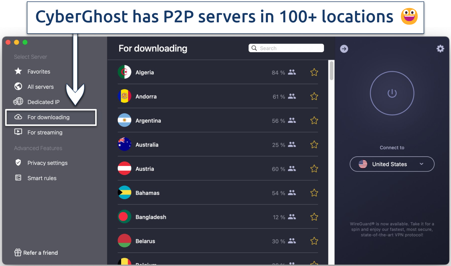 Screenshot showing CyberGhost's specialty P2P For downloading servers